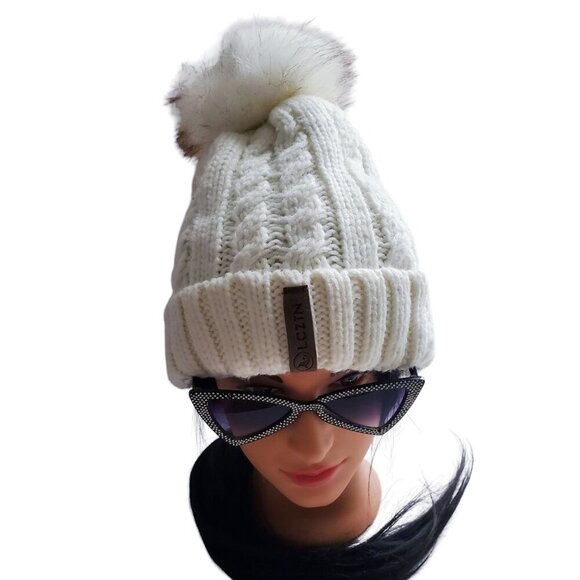 LCZTN White Cable Knit Fleece Lined Pom Beanie Cap OS - Picture 2 of 11